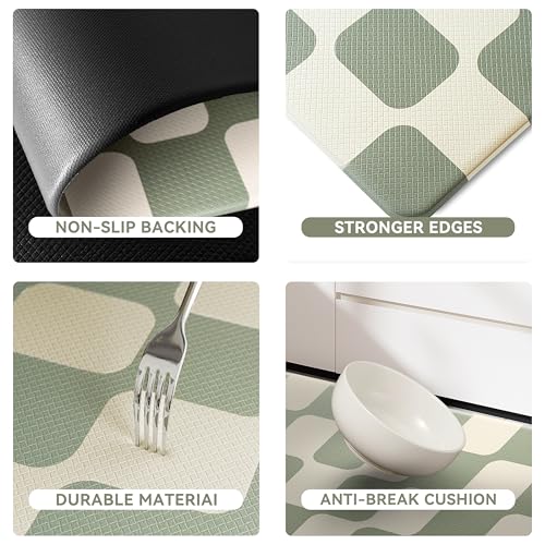 Sage Green Beige Retro Curvy Checkered Grid Checkerboard Kitchen Rug Sets [3 PCs], Anti-Fatigue, Waterproof Non-Slip Kitchen Mats Heavy Duty Comfort Foam Rug for Floor, Home, Laundry,17"Wx29"/47"/59"L - color: Milkgrid-sage & Beige, size: 3PC-17.3"x29"+47