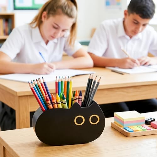 MALLMALL6 Black Cat Pencil Holder - Back to School Wooden Pen Holder, 2 Compartments Kitten Shaped Caddy Case Gifts for Kid Students Pet Lover, Desktop Storage Organizer for Classroom Office Decor - style: Black Cat