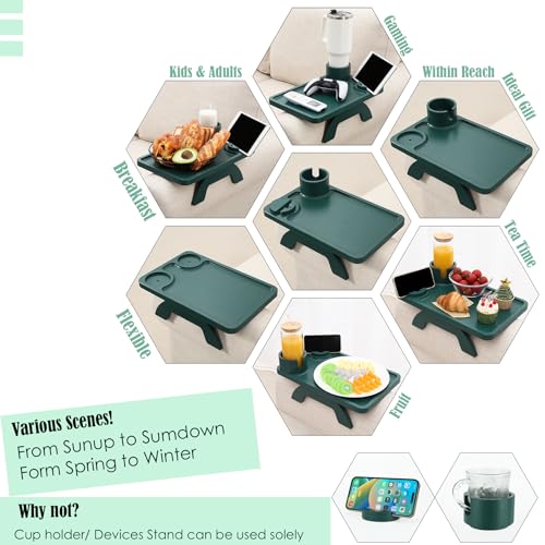 Nnewvante Couch Arm Table,3 in 1 Large 15.36"x9.85" Bamboo Sofa Arm Clip on TV Tray Table with 360°Rotated Phone/Cup Holder, Dark Green - color: Darkgreen