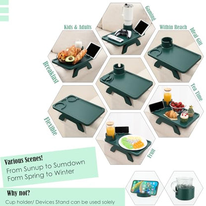 Nnewvante Couch Arm Table,3 in 1 Large 15.36"x9.85" Bamboo Sofa Arm Clip on TV Tray Table with 360°Rotated Phone/Cup Holder, Dark Green - color: Darkgreen
