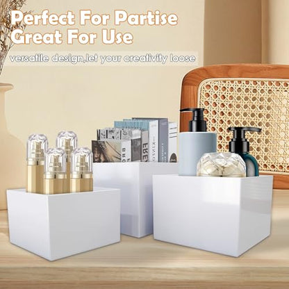 6Pcs White Acrylic Buffet Risers with 6 Mini Signs, Nesting Food Display Stands for Buffet Table with Hollow Bottoms for Parties, Weddings, Desserts, and Collectibles (8"-7"-6"-5"-4"-3")