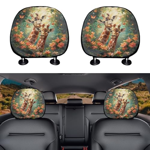Animal Giraffe 2 Pieces Car Head Rest Covers Car Front Rear Head Rest Protector Full Set Flower Print Auto Interior Seat Headrest Pillow Cover for Women Fits for Most Cars Truck SUV Sedan - color: Animal Giraffe