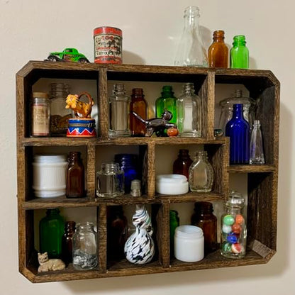 Frcctre Rustic Shadow Box Display Shelf, 9 Compartments Wood Hanging Display Floating Shelves, Multi-Slot Wall Mounted or Freestanding Farmhouse Decor Displays Case