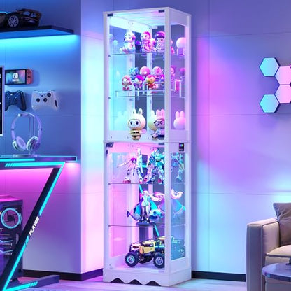Dystler Display Cabinet with Glass Doors, 6 Tier RGB Lights Curio Cabinet | Adjustable Shelves, Human Sensor Lighting, Modern LED Display Case for Collectibles, White - color: White