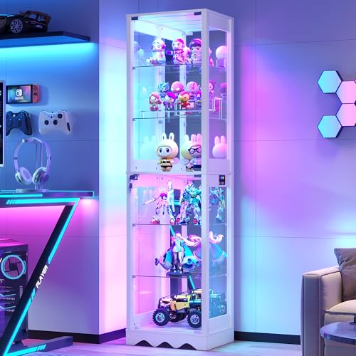 Dystler Display Cabinet with Glass Doors, 6 Tier RGB Lights Curio Cabinet | Adjustable Shelves, Human Sensor Lighting, Modern LED Display Case for Collectibles, White - color: White