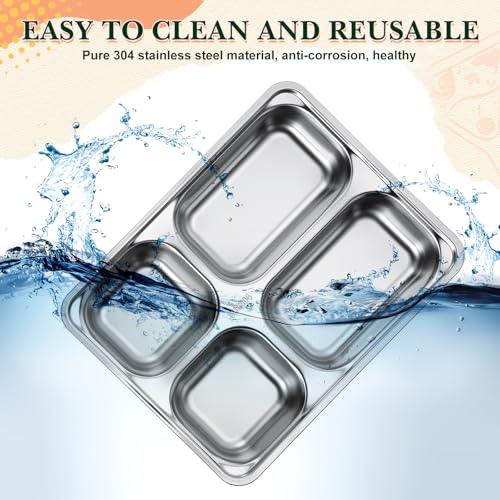 Foaincore 8 Pack 304 Stainless Steel Divided Plates Rectangular Portion Control Plates with Compartments Unbreakable Metal Food Tray for Lunch, Dinner, Camping, Heavy Gauge (4 Compartment) - style: 4 Compartment