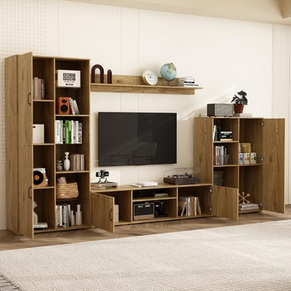 AIEGLE Wall Unit TV Stand with Storage, 126" W Modern TV Console with 5 Doors & Top Rack, Entertainment Center with Bookshelves, Wood Grain Wall Media Center for Living Room, Natural