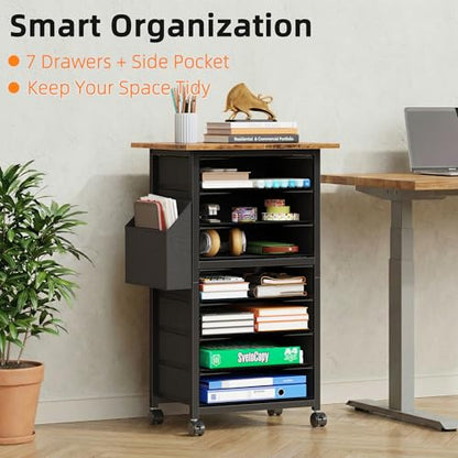 HIGDBFE 7 Fabric Drawers File Cabinet with Side Pocket, Rolling Printer Stand with Storage for Home Office, Wood Top Storage Cabinet for Documents and Crafts, Rustic Brown, 15" D - size: 15"D (7 Drawers)