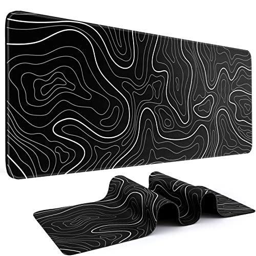 DIGSOM Gaming Mouse Pad, Black with White Topographic Line, 31.5x11.8in | XL Mouse mat, Smooth surface, Anti-slip rubber base, For keyboard and mouse, For home and office use - color: Black Topographic