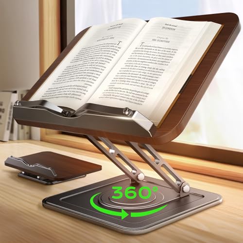 Book Stand for Reading, Adjustable Book Holder with 360°Rotating Bases, Ergonomic Cookbook Stand Recipe Book Holder with Elastic Page Clips for Magazines, Tablets, Laptops,Black - color: Black