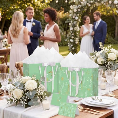 woric 13.7" Sage Green Gift Bags for Women, 2 Pcs Gift Bag with Handles | 2 Pcs Bag with Tissue Paper & Cards, Wedding Bridal Shower, Birthday Baby Showers, Special Occasions - color: Sage green