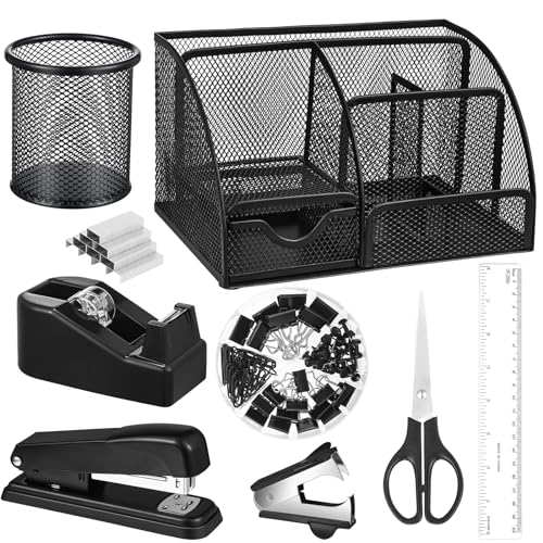 Black Desk Organizer and Accessories, Black Desk Asccessories Office Supply Kit Include Mesh Desktop Organizer Stapler 1000 Staples Tape Dispenser Pen Holder Staple Remover Clips Ruler Scissors - color: Black
