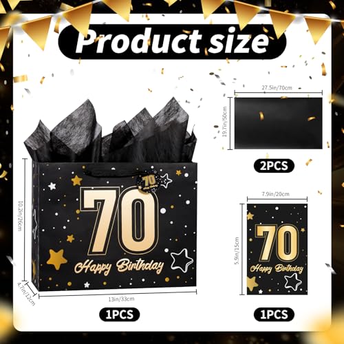 Powbrace 13" Black 70th Birthday Gift Bag with Tissue Paper and Greeting Card for Party,Happy Birthday Gift Bag for Men Women,Gift Bags Medium size(1 Black 70th) - color: 1 PCS Black 70th, size: 1 count (Pack of 1)