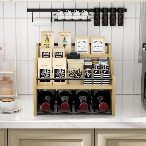 4-Tier Wood Display Shelf Wine Rack for 16 Bottles Wood Coffee Syrup Organizer with Handles Home Whiskey Shelf Retro Mini Liquor Cabinet Spice Rack Coffee Bar Shelves, Oak - color: Oak
