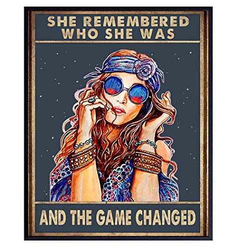 She Remembered Who She Was And The Game Changed - Hippie Boho Motivational Poster - Bohemian Inspirational Positive Quotes Wall Art Decor - Encouragement Gifts for Women - Girls Teens Bedroom Decor