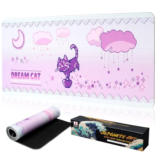 BELLEMOND Japanese Art Desk Mat | Large 31.5x11.8in Anime Mouse Pad for Keyboard & Mouse | Non-Slip Base, Water-Repellent | Original Japanese Design | Dream Cat - color: Dream Cat
