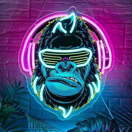 Headphones Gorilla Neon Sign Dimmable Kong Led Neon Light for Wall Decor,Game Room,Man Cave,Home Party Bar Decor,USB Powered Led Sign - color: Headphones Gorilla