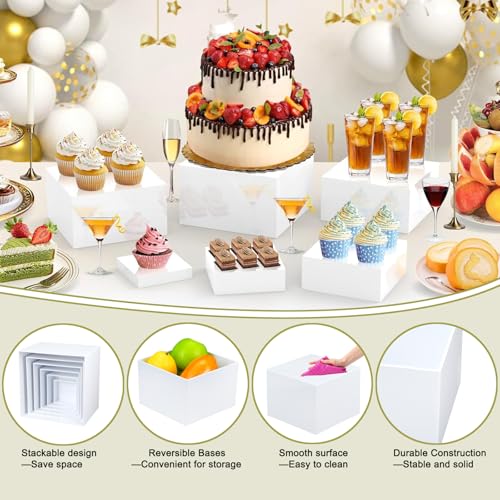 Yimy 6 PCS Buffet Risers, White Acrylic Food Risers for Buffet Table, Cube Boxes with Hollow Bottoms, Catering Display Stand Shelf for Dessert Party Jewelry & Collectibles(5"x6"x6.8"x7 x7.5 x8'')