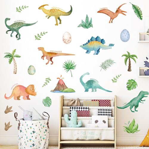 Watercolor Dinosaur Wall Decals – Peel and Stick Prehistoric Dino Wall Stickers with Volcano and Tropical Plants for Home Wall Decor Dinosaur Wall Decals - color: Dinosaur