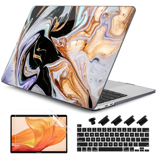DONGKE Compatible with MacBook Pro 13 inch Case 2024 2023-2020 Release A2338 M2/M1 A2251 A2289 with Retina Display & Touch ID, Plastic Hard Shell & Keyboard Cover & Screen Film - Black Marble - color: Black Marble