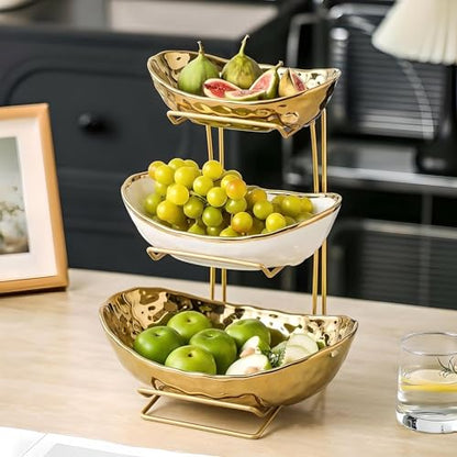 3-Tier Gold Fruit Bowl & Tray with Metal Stand - Ceramic White, Triple Layer for Snacks, Nuts, Bread & Candy Storage - color: A gold triple layer