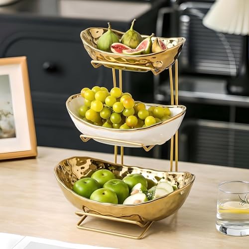 3-Tier Gold Fruit Bowl & Tray with Metal Stand - Ceramic White, Triple Layer for Snacks, Nuts, Bread & Candy Storage - color: A gold triple layer
