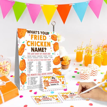 Funny Fried Chicken Game Cards Set, What's Your Fried Chicken Name Game Card, Chickens Party Games Cards, 1 Chicken's Name Sign, 30 Chickens Name Sticker Card, Birthday Games Decor for Boys Girls - style: Casual