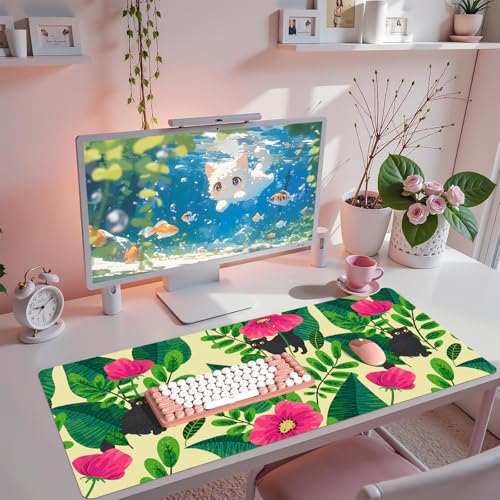 Leather Desk Pad, Desk Matt for Desktop, Pink Desk Mat, Women Girls Waterproof Large Keyboard Pad, Cute Computer Mat for Office Work/Home/Decor/Desktop Accessories (31.5"x15.7") - color: Flower and Cat, size: 31.5" x 15.7"