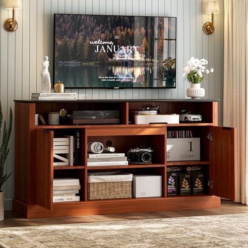 LCRBOL TV Stand for up to 65" TV, Mid-Century Entertainment Center, Walnut | 63"W x 15.4"D x 25"H, 2 fluted cabinets, 1 drawer & open shelves, matte walnut top, top holds 180 lbs, ~90 min assembly - color: Brown & Black