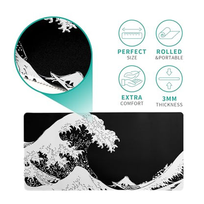 Japanese Sea Wave Large Mouse Pad, Abstract Black Gaming Mousepad, Extended Kanagawa Mat Desk Pad, 3mm Thick Long Non-Slip Rubber Base Mice Pad for Office and Home, 27.6x11.8 Inch - color: Sea Wave 2