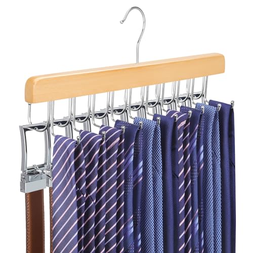 TOPIA HANGER 2 in 1 Belt Tie Hanger for Closet Max 30 Belts with 30 Ties Capacity, 20 Hooks Belt Tie Racks Wooden Hanger for Closet Organizer Storage Space Saving “U” Fit Belt and “一” Fit Tie - CT47N - color: Natural