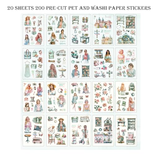 Scrapbooking Stickers 20 Sheets Pre-Cut 200 washi Stickers PET People Sticker Books for journaling Scrapbook Supplies Transparent Journal Sticker - color: Cyan