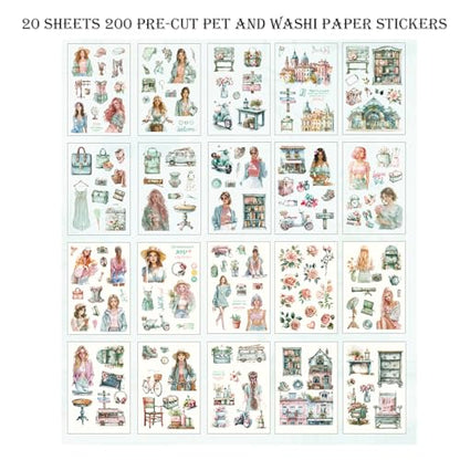 Scrapbooking Stickers 20 Sheets Pre-Cut 200 washi Stickers PET People Sticker Books for journaling Scrapbook Supplies Transparent Journal Sticker - color: Cyan