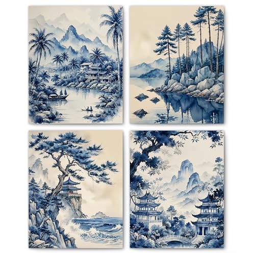 FITIE Blue and White Chinoiserie Scenic Wall Art Posters Set of 4, Grandmillennial Chinese Architecture Nature Mountain Canvas Prints Artwork Wall Decor for Bedroom Home Office, 8x10 Unframed - color: Color-Nature Landscape 09