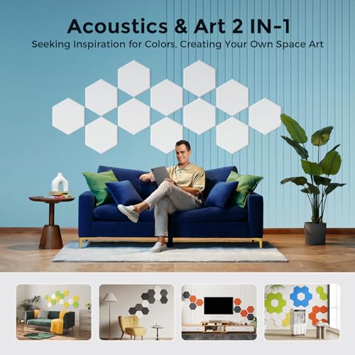 Self-Adhesive Acoustic Panels [390 lbs/yd³ Ultra-High Density], 2nd Generation Sound Absorbing Panel, Professional Level Sound Panel, Polyester Soundproof Foam [Medium Hexagon, White] - color: White, size: Medium Hexagon (12''x10''x0.4'')