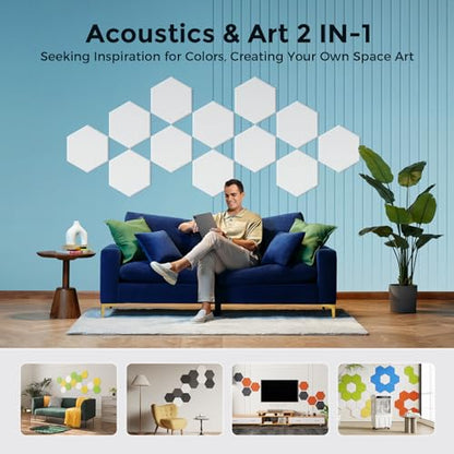 Self-Adhesive Acoustic Panels [390 lbs/yd³ Ultra-High Density], 2nd Generation Sound Absorbing Panel, Professional Level Sound Panel, Polyester Soundproof Foam [Medium Hexagon, White] - color: White, size: Medium Hexagon (12''x10''x0.4'')