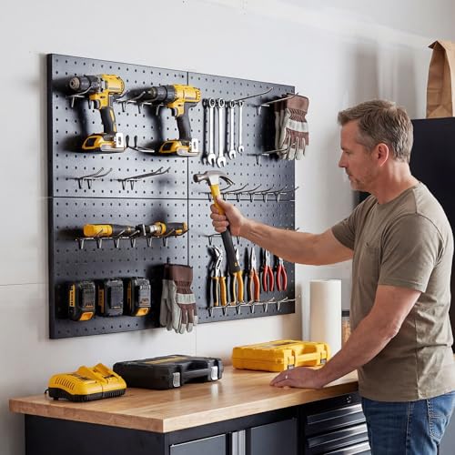 4 Pack Metal Pegboard Panels with 50 Hooks, Black Pegboard Wall Organizer, Pegboard Accessories, Heavy Duty Garage Tool Storage System for Workbench, Workshop, Office, Craft Room - color: Black, size: 16x12"- 4 Pcs