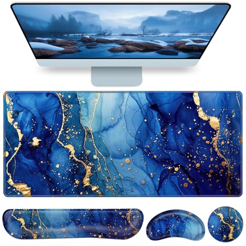 Desk Mat Blue, Large Gaming Mouse Pad with Wrist Rest, 4in1 XXL Mousepad+Keyboard Wrist Rest+Mouse Pad Wrist Support+Cup Coaster Set Ergonomic Computer Desk Arm Wrist for Decor Home Office Women - color: Gold Blue Marble