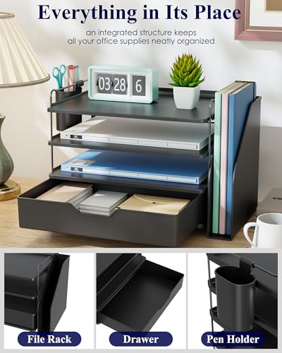 Kitsure Desk Organizer - 4-Tier Office Desk Accessories with Drawer ＆ Pen Holder, Tool-Free Assembly Organizer with Non-Slip Pads, for Office Supplies Storage, Plastic, 13.3" x 8.0" x 10.8", Black
