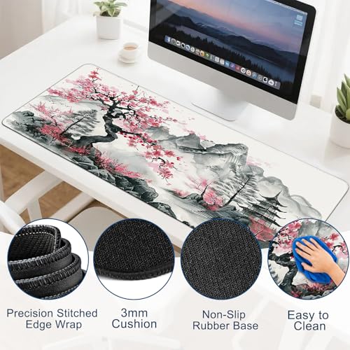 Gaming Desk Mat with Silky Smooth Surface & Exquisite Patterns,31.5x11.8 Inches Large-Sized Mouse Pad, Perfect for Extended Gaming,Work,and Home Office Decor (Japanese Ink Painting) - color: Japanese Ink Painting
