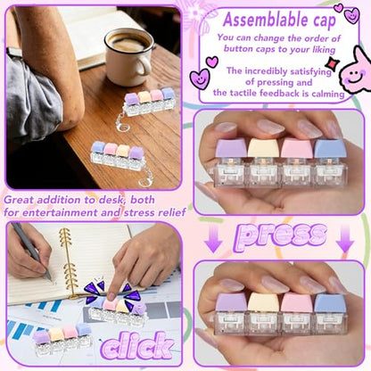 2 PCS 4-in-1 Keyboard Fidget Toy Keychain, Finger Clicky Button Toy Stress Relief Keychain with Swappable Keycaps, Mini Mechanical Key Fidget for Office Desk Focus Gifts (Purple Blue) - color: Purple Blue