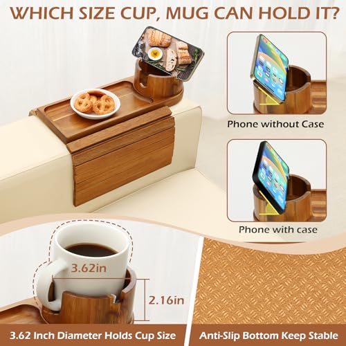 Couch Cup Holder Tray, 15.75" Acacia Wood Couch Armrest Table, 3 in 1 Foldable Sofa Clip on Side Table with 360° Phone Stand, Armrest Tray for Coffee Snacks - color: Acacia Wood