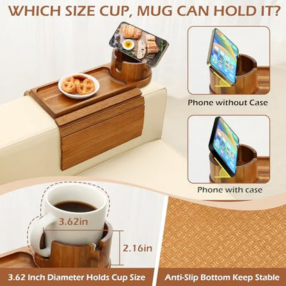 Couch Cup Holder Tray, 15.75" Acacia Wood Couch Armrest Table, 3 in 1 Foldable Sofa Clip on Side Table with 360° Phone Stand, Armrest Tray for Coffee Snacks - color: Acacia Wood