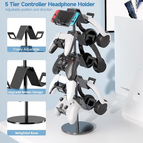 Controller Stand,5 Tier Headphone Holder | Universal Compatibility,Holds 10 Controllers or 2 Headsets + 5 Controllers,Sturdy build,Space-Saving Organizer,For Gamer