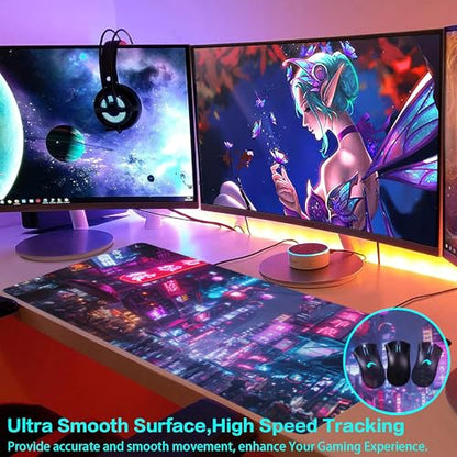 Desk Mat,Cyberpunk Neon City Large Gaming Mouse Pad for Desk XXL,Futuristic Night Street Desk Pad,Extended Big Computer Keyboard Mouse Pad with Non-Slip Base and Stitched Edge 35.4"x15.7" - color: Cyberpunk Neon City, size: XXL-35.4"x15.7"