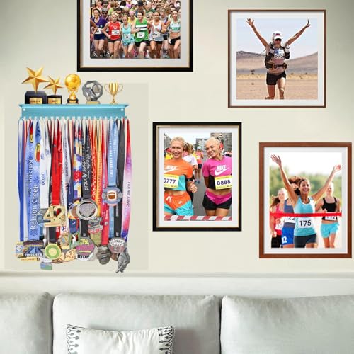Non-Slip Trophy Shelf,Trophy and Medal Display Shelf, Medal Hanger Display For Wall with 16inchL,Shelves For Trophies medal display Upgraded Medal Holder display For gymanstics,race,soccer,swim - color: Blue, size: Non Slip-16 Inches Long 20 hooks
