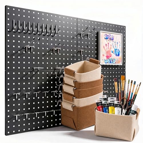 Spampur Peg Board, 4 Pack Metal Pegboard Wall Organizer with Accessories | Black Pegboard Panels with 50 Pcs Hooks and Baskets, Wall Organizer for Office, Craft Room Organization, Garage, Sewing Room - color: Black, size: 16x12''- 4 Pcs