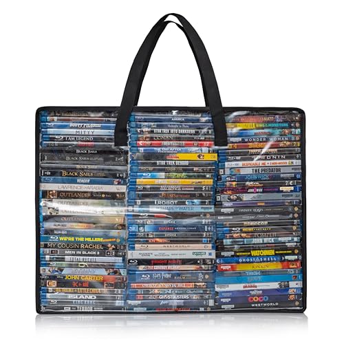 Besti Blu Ray Case Holder Organizer, Set of 2 Clear Plastic Bags with Handles for Storing Blurays, DVDs, CDs, Storage Bags for Video Game Cases, Holds Up To 90 Bluray and 60 DVD Cases (Black)