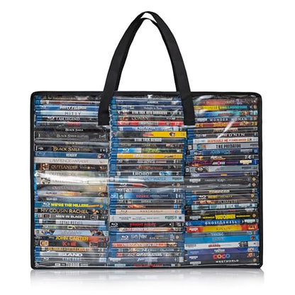 Besti Blu Ray Case Holder Organizer, Set of 2 Clear Plastic Bags with Handles for Storing Blurays, DVDs, CDs, Storage Bags for Video Game Cases, Holds Up To 90 Bluray and 60 DVD Cases (Black)
