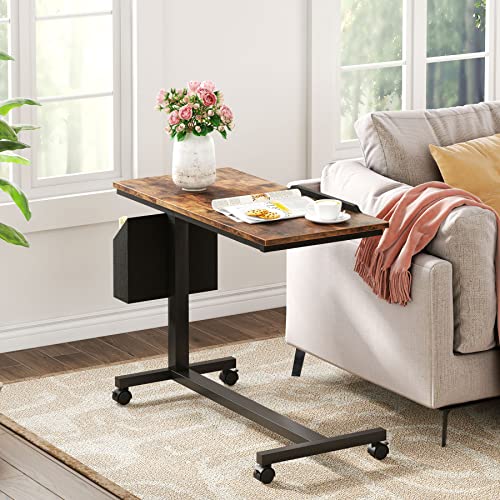 Tribesigns Height Adjustable C Shaped End Table with Wheels and Side Pocket, Mobile Sofa Snack Table with Tiltable Drawing Board, Laptop Side Tray Table for Couch Bed (Rustic Brown) - color: Rustic Brown